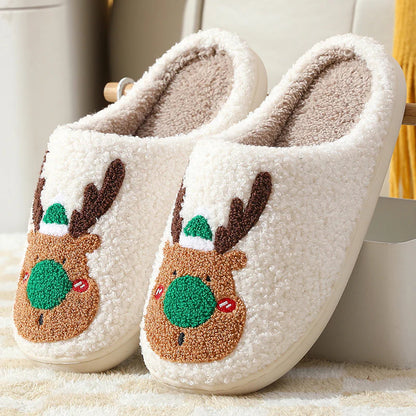 Holiday Reindeer Themed Plush Indoor Slippers