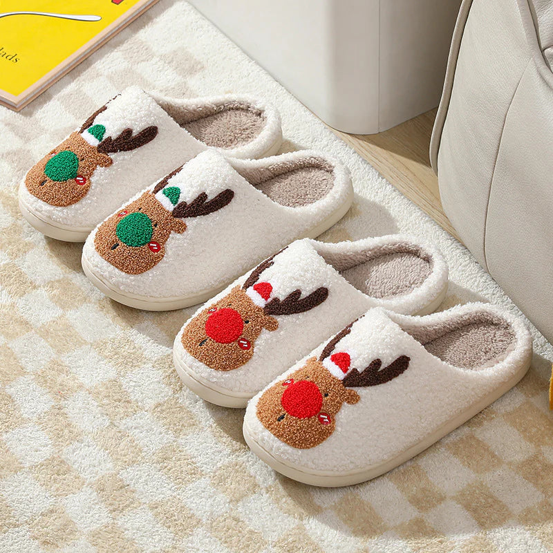 Holiday Reindeer Themed Plush Indoor Slippers