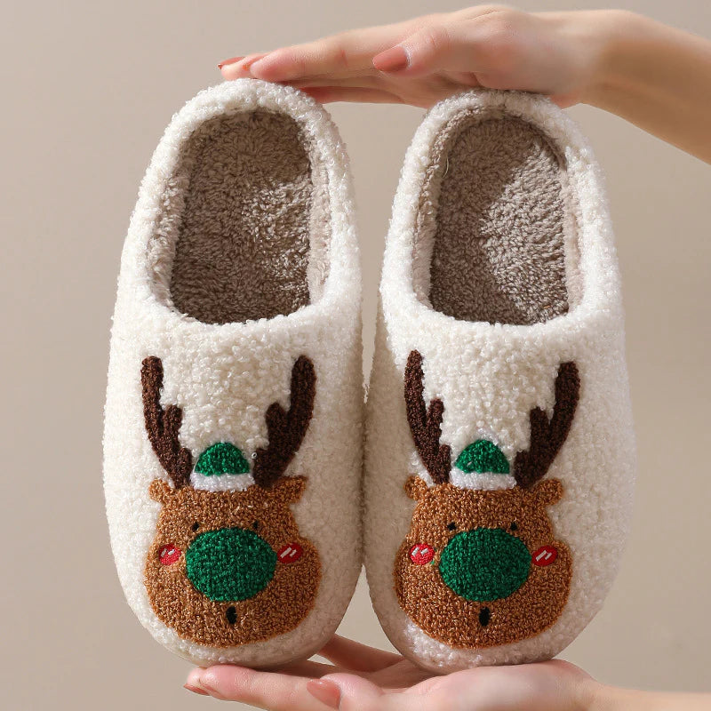 Holiday Reindeer Themed Plush Indoor Slippers