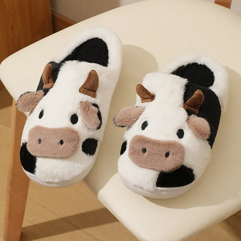 Cartoon Cow Warm Plush Slides