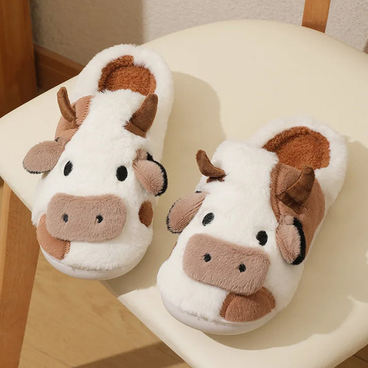 Cartoon Cow Warm Plush Slides