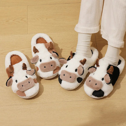 Cartoon Cow Warm Plush Slides