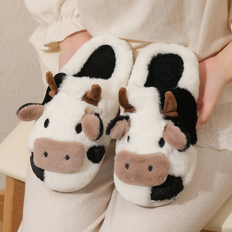 Cartoon Cow Warm Plush Slides