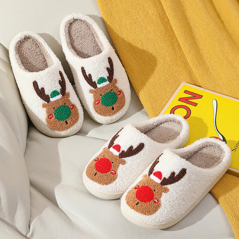 Holiday Reindeer Themed Plush Indoor Slippers