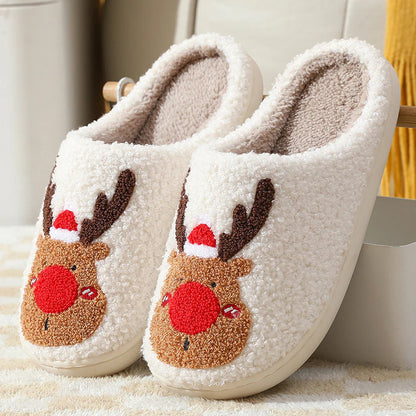 Holiday Reindeer Themed Plush Indoor Slippers